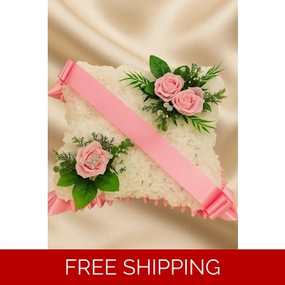 "Pink Cushion Funeral Tribute – Artificial Floral Pillow with Roses and Ribbon"